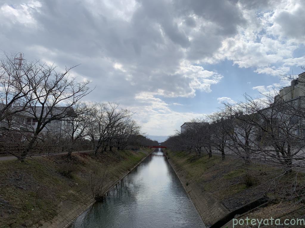 横を流れる中須川の写真