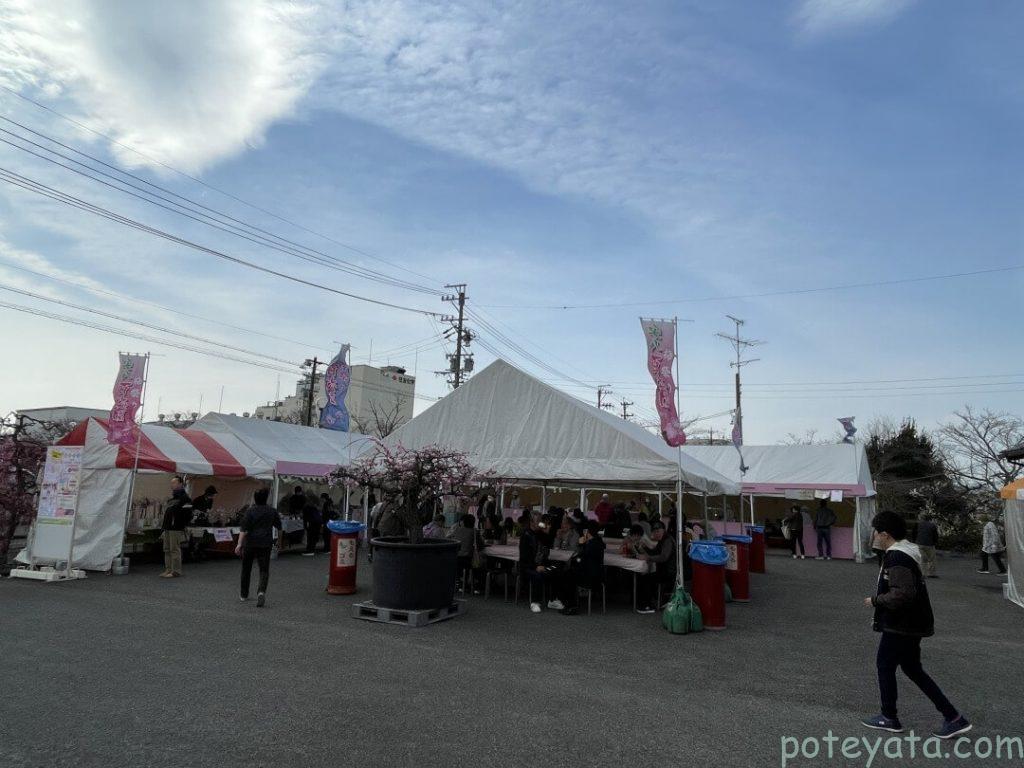 安八百梅園の出店と食事スペース