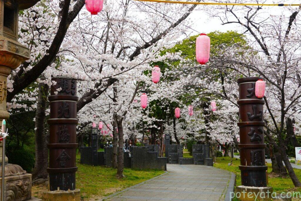 桜の季節の大山緑地の入り口